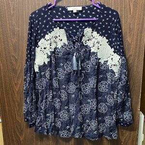 LOFT Navy and Cream Floral Lace Blouse